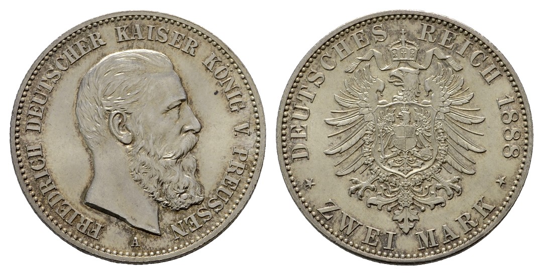 Linnartz KAISERREICH Preussen Friedrich III. 2 Mark 1888 f.stgl   