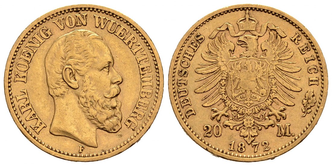 PEUS 1049 Kaiserreich - Württemberg 7,17 g Feingold. Karl (1864 - 1891) 20 Mark GOLD 1872 F Stuttgart Sehr schön