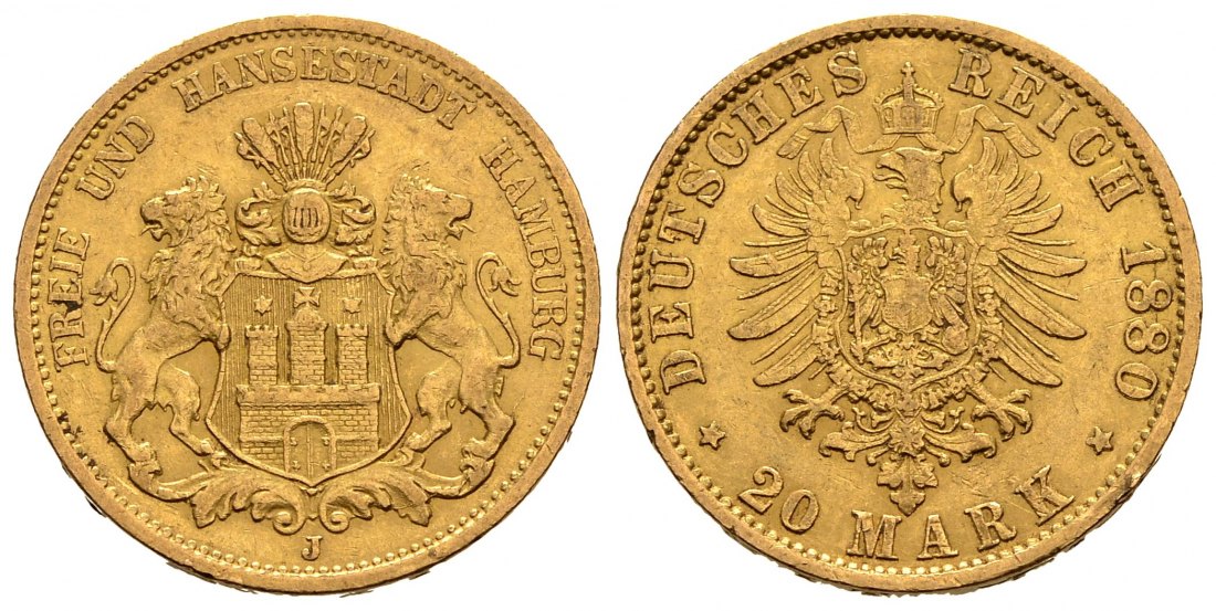 PEUS 1050 Kaiserreich - Hamburg 7,16 g Feingold. Kleiner Adler 20 Mark GOLD 1880 J Randfehler, Sehr schön