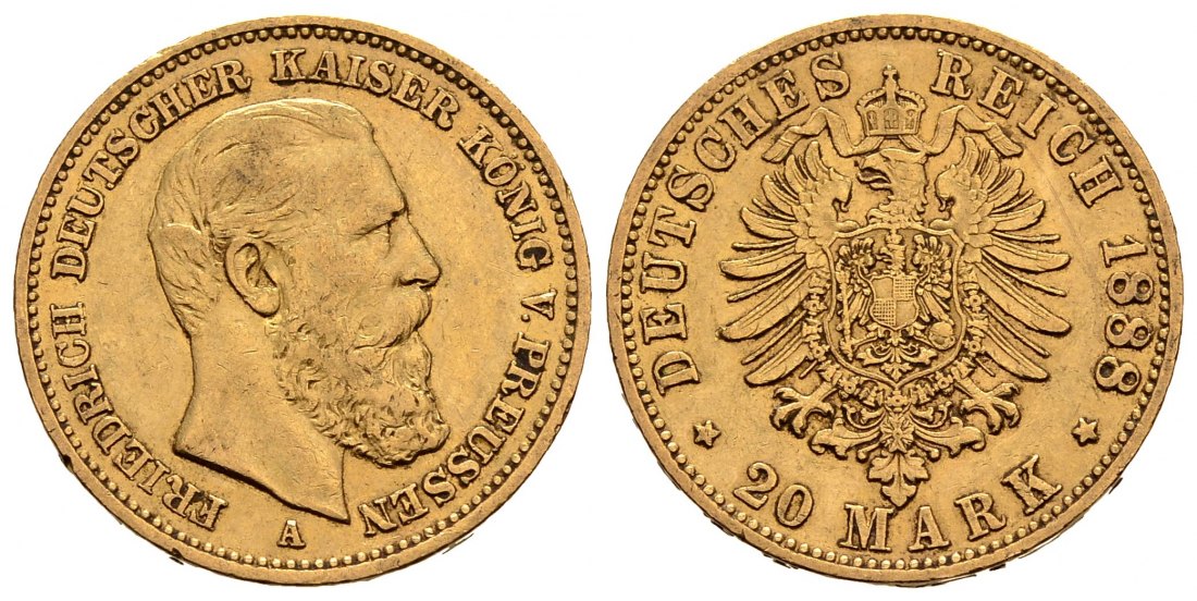 PEUS 1051 Kaiserreich - Preußen 7,17 g Feingold. Friedrich III.(09.03. - 15.06.1888) 20 Mark GOLD 1888 A Sehr schön