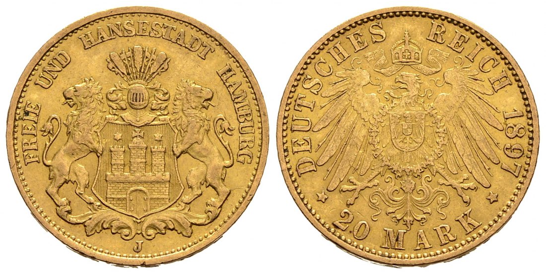 PEUS 1052  Kaiserreich - Hamburg 7,17 g Feingold. Stadtwappen 20 Mark GOLD 1897 J Sehr schön