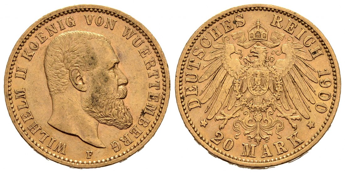 PEUS 1053 Kaiserreich - Württemberg 7,17 g Feingold. Wilhelm II. (1891 - 1918) 20 Mark GOLD 1900 F Sehr schön +