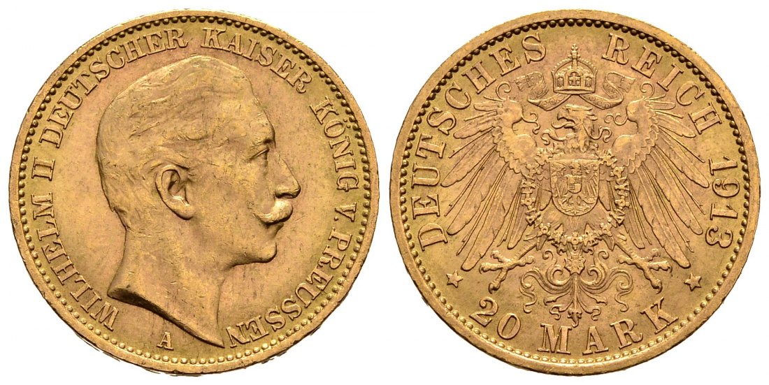 PEUS 1054 Kaiserreich - Preußen 7,17 g Feingold. Wilhelm II. (1888 - 1918) 20 Mark Gold 1913 A Sehr schön / Vorzüglich