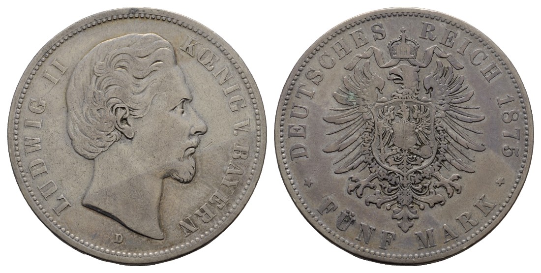  Linnartz KAISERREICH Bayern Ludwig II. 5 Mark 1875 D ss   