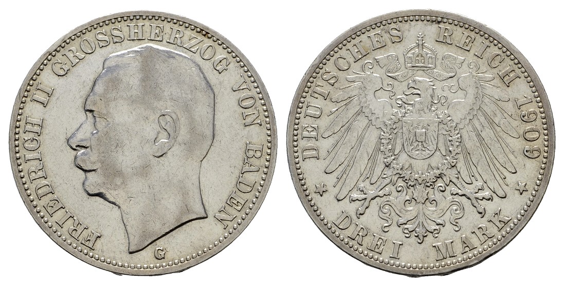  Linnartz KAISERREICH Baden Friedrich II. 3 Mark 1909 ss   
