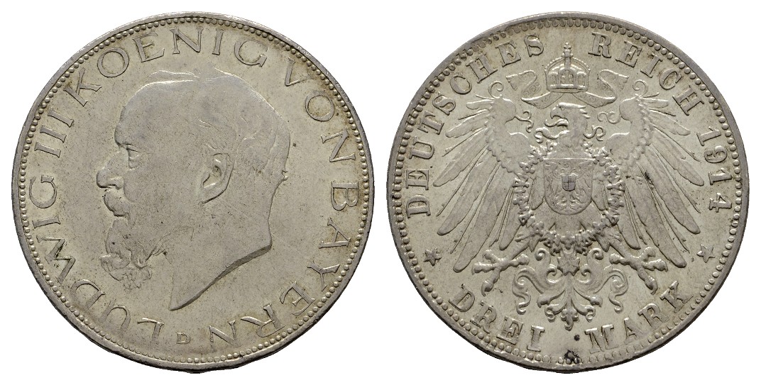  Linnartz KAISERREICH Bayern Ludwig III. 3 Mark 1914 ss   