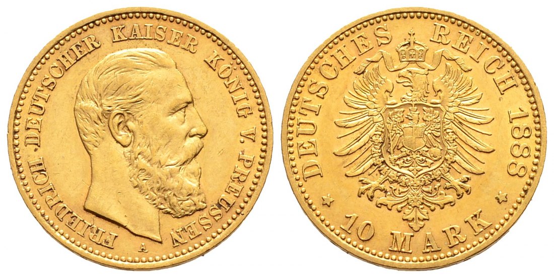 PEUS 1073 Kaiserreich - Preußen 3,58 g Feingold. Friedrich III. (09.03.- 15.06.1888) 10 Mark GOLD 1888 A Sehr schön +