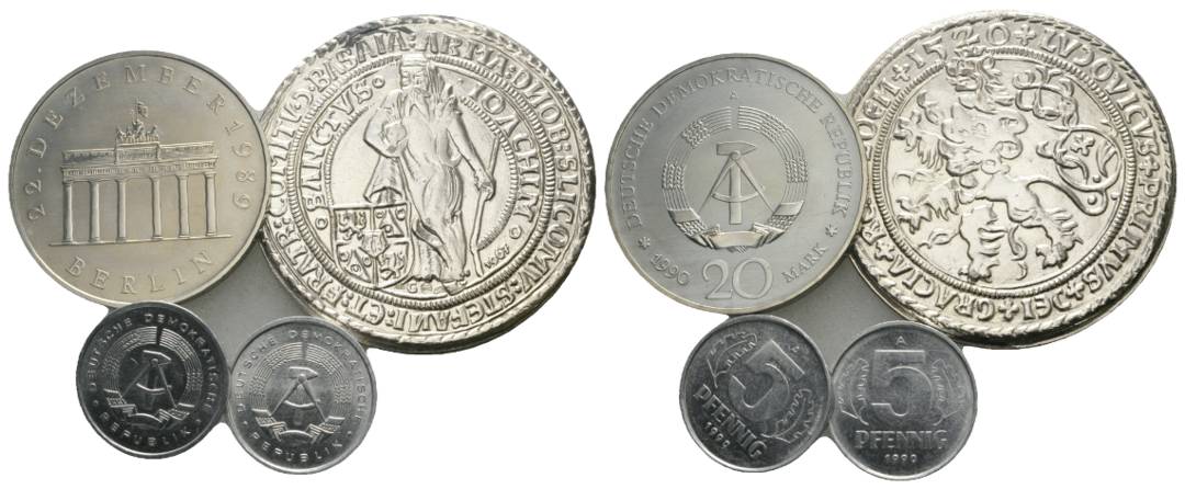  DDR, 20 Mark (1 Stück), 5 Pfennig (2 Stück); Medaille, unedel Ø 43 mm, 27,86 g   