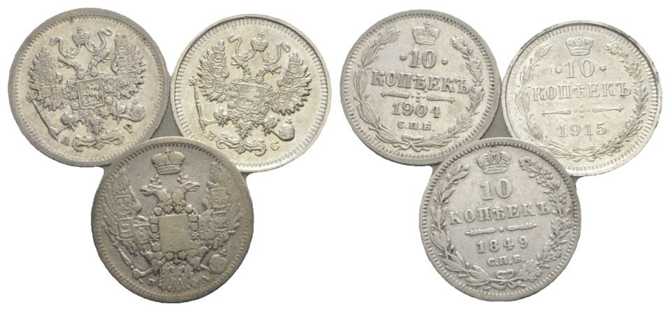  Russland, 3 Kleinmünzen (1904/1915/1849)   