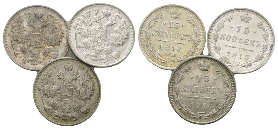  Russland, 3 Kleinmünzen (1914/1915/1916)   
