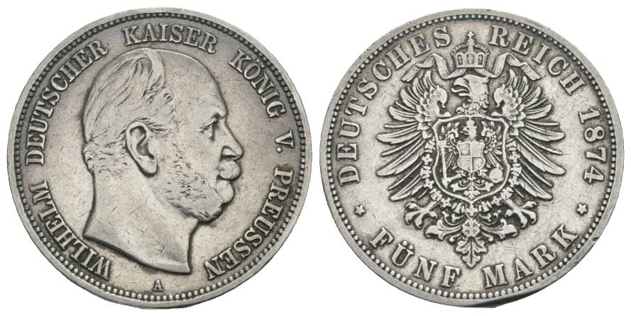  Preußen, 5 Mark 1874, kleiner Randfehler   
