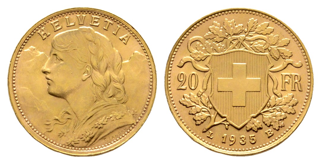  Linnartz Schweiz 20 Franken 1935 B Helvetia stgl Gewicht: 6,45g/900er   