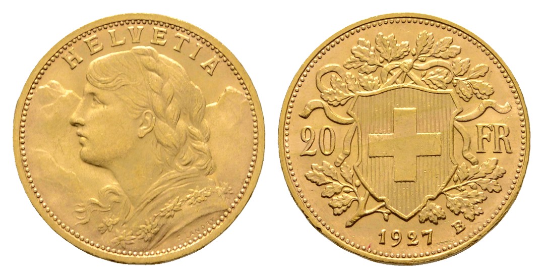  Linnartz Schweiz 20 Franken 1927 B Helvetia vz+ Gewicht: 6,45g/900er   