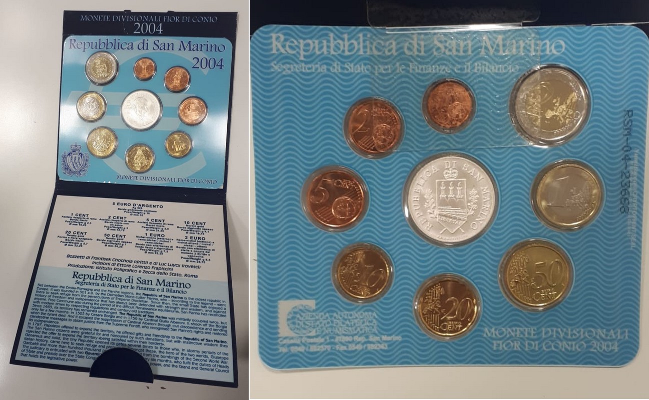  San Marino  Euro-Kursmünzensatz  2004 inkl. 5 Euro Münze FM-Frankfurt Feinsilber: 16,6g   