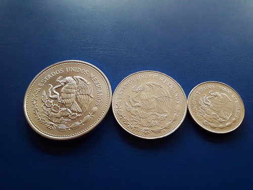  Mexiko - drei Silbermünzen zur Fussball WM 1986 - 100, 50 + 25 Peso von 1985 - Silber   
