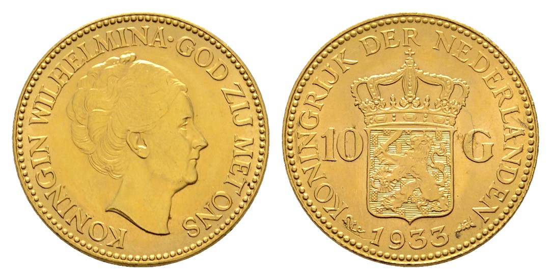  Linnartz Niederlande Wilhelmina 10 Gulden 1933 vz-stgl Gewicht: 6,73g/900er   