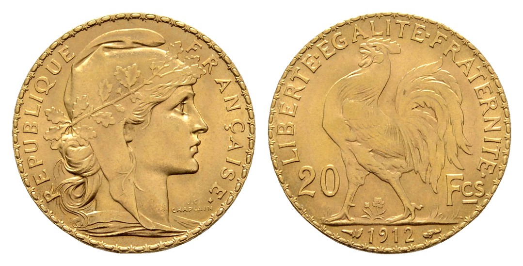  Linnartz Frankreich 20 Francs 1912 vz-stgl Gewicht: 6,45g/900er   