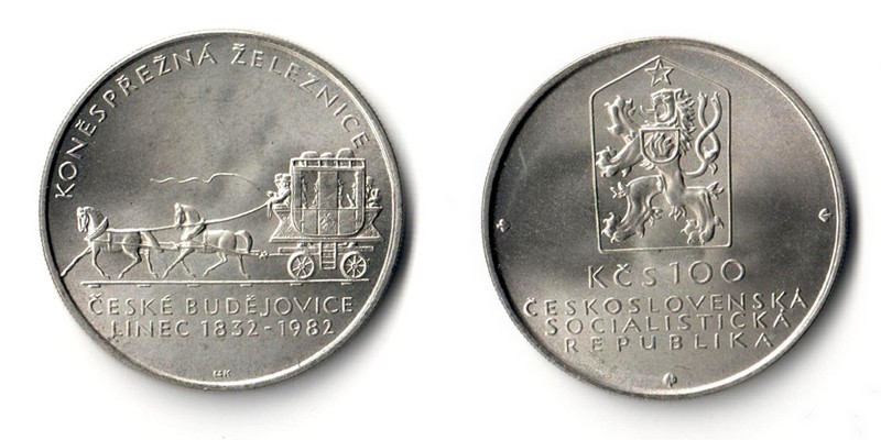  Tschechoslowakei 100 Kronen 1982 150th - Ceske Budejovice Railway FM-Frankfurt  Feinsilber: 4,5g   