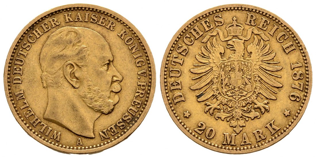 PEUS 1248 Preußen - Kaiserreich 7,17 g Feingold. Wilhelm I. (1861 - 1888) 20 Mark GOLD 1876 A Berlin Sehr schön