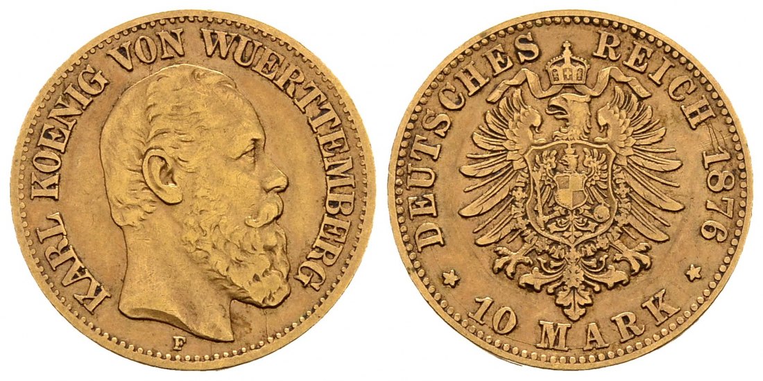 PEUS 1249 Württemberg 3,58 g Feingold. Karl (1864 - 1891) 10 Mark GOLD 1876 F Stuttgart Sehr schön