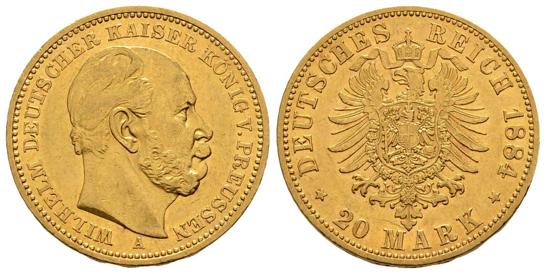 PEUS 1250 Kaiserreich - Preußen 7,17 g Feingold. Wilhelm I. (1861 - 1888) 20 Mark GOLD 1884 A Berlin Kl. Kratzer, Vorzüglich