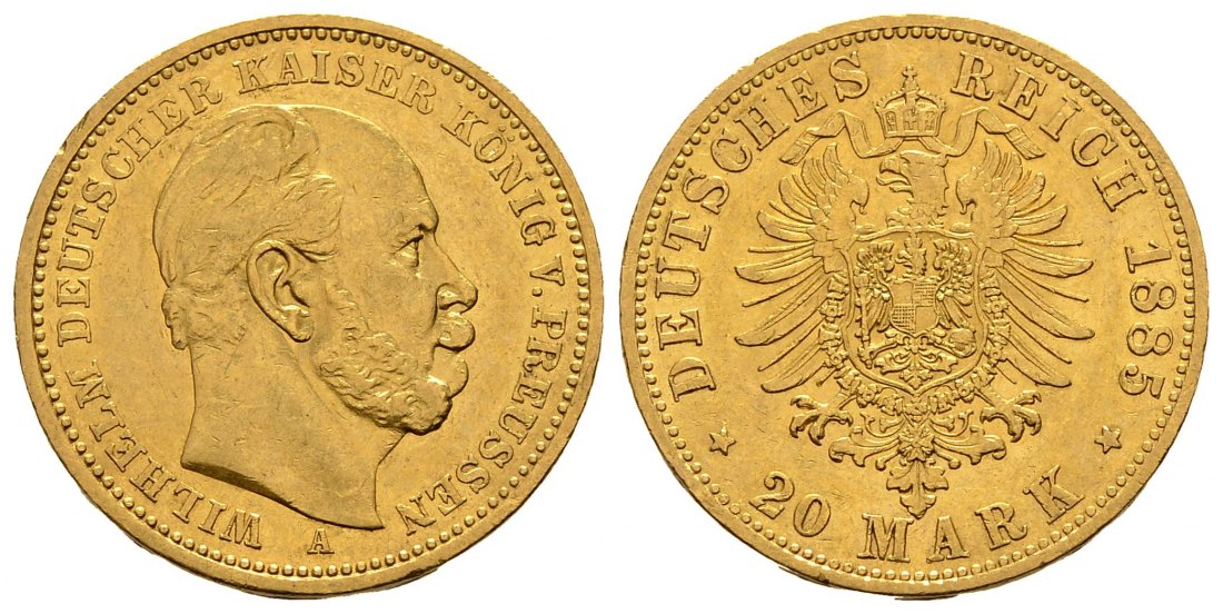 PEUS 1251 Kaiserreich - Preußen 7,17 g Feingold. Wilhelm I. (1861 - 1888) 20 Mark GOLD 1885 A Berlin Kl. Kratzer, Vorzüglich