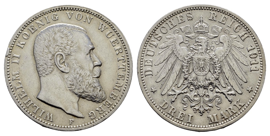  Linnartz KAISERREICH Württemberg Wilhelm II. 3 Mark 1911 F vz+   
