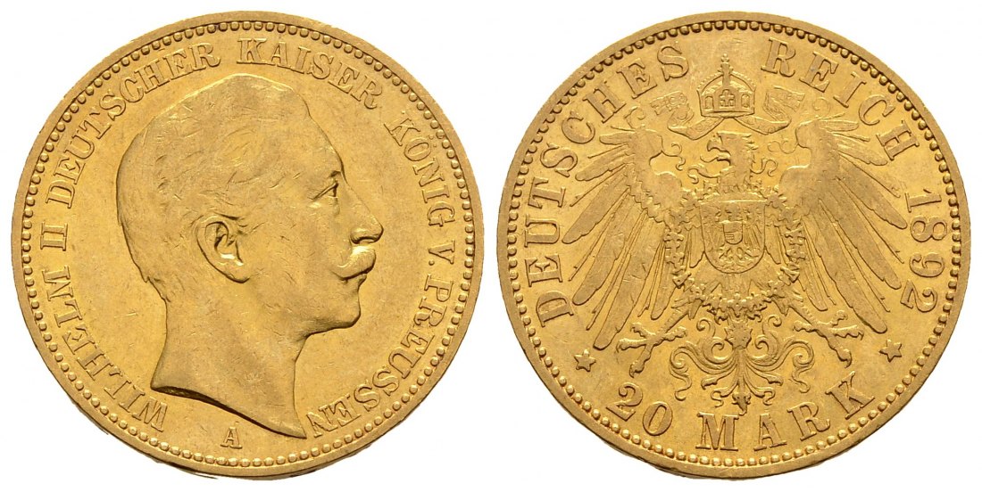 PEUS 1252 Kaiserreich - Preußen 7,16 g Feingold. Wilhelm II. (1888 - 1918) 20 Mark Gold 1892 A Fast Vorzüglich