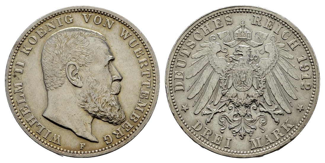  Linnartz KAISERREICH Württemberg Wilhelm II. 3 Mark 1912 ss+   