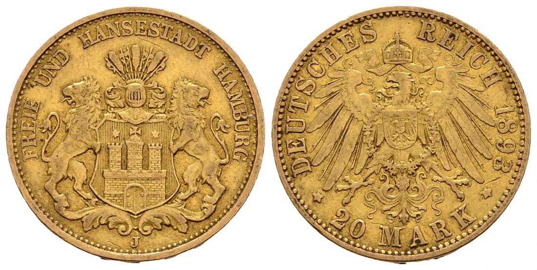 PEUS 1254 Kaiserreich - Hamburg 7,16 g Feingold. Stadtwappen 20 Mark GOLD 1893 J Sehr schön