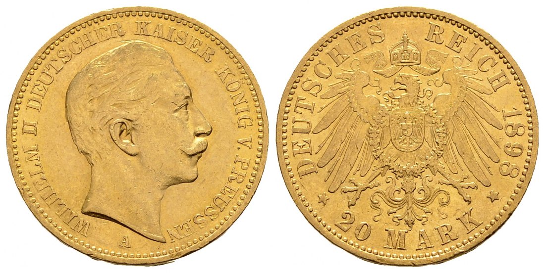 PEUS 1255 Kaiserreich - Preußen 7,16 g Feingold. Wilhelm II. (1888 - 1918) 20 Mark GOLD 1898 A Kl. Kratzer, Vorzüglich