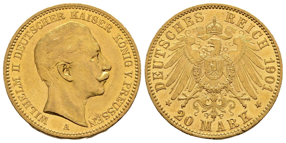 PEUS 1256 Kaiserreich - Preußen 7,17 g Feingold. Wilhelm II. (1888 - 1918) 20 Mark GOLD 1901 A Kl. Kratzer + Randfehler, fastVorzüglich