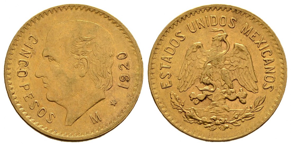 PEUS 1257 Mexiko 3,75 g Feingold. Miguel Hidalgo y Costilla 5 Pesos GOLD 1920 M Vorzüglich