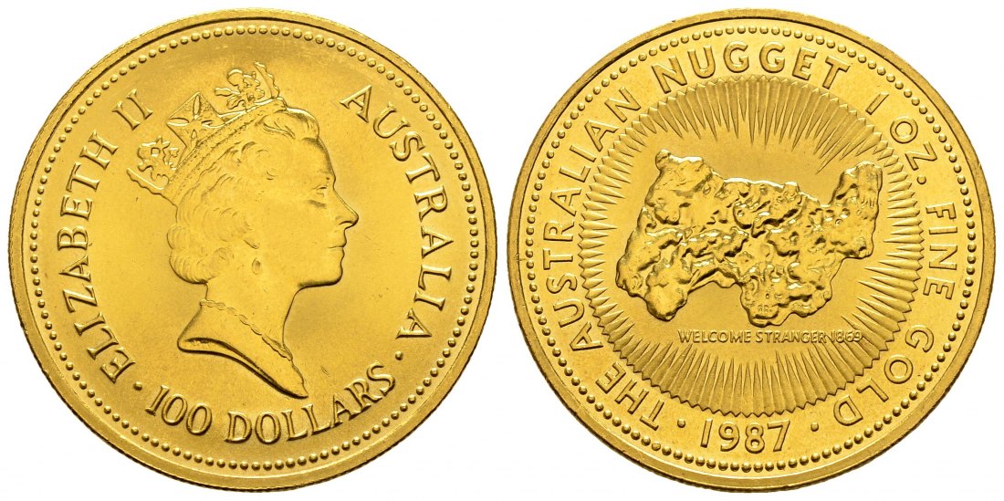 PEUS 1260 Australien 31,1 g Feingold. Welcome Stranger Nugget 100 Dollars GOLD Unze 1987 Fast Stempelglanz