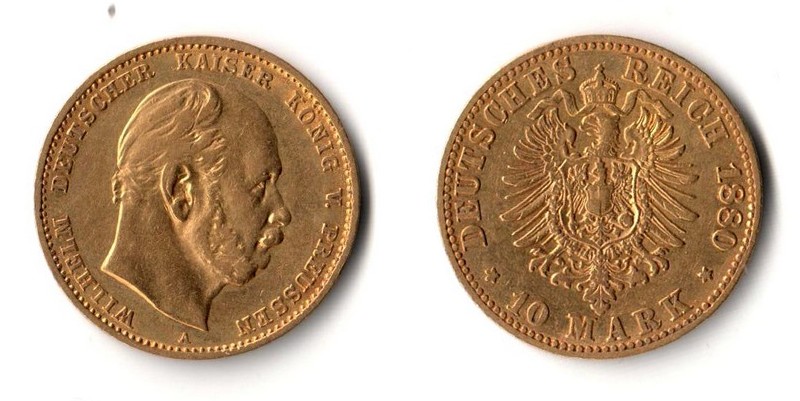 Preussen, Kaiserreich  10 Mark  1880 A MM-Frankfurt Feingold: 3,58g Wilhelm I. 1861-1888  