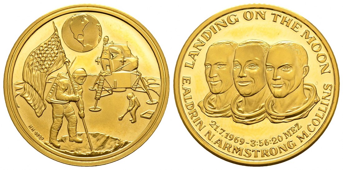 PEUS 1265 Welt 7,97 g Feingold. Collins, Armstrong, Aldrin / Mondlandung Medaille GOLD 1969 Impaired Proof / Vorzüglich + aus PP