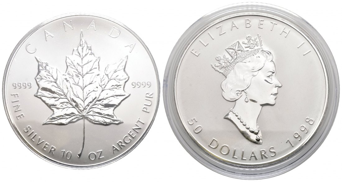 PEUS 1275 Kanada Insg. 311 g Feinsilber. Nur 25.000 Exemplare 10. Geburtstag Maple Leaf 50 Dollars Maple Leaf SILBER 1998 Uncirculated (in Kapsel)