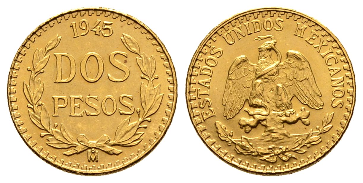 PEUS 1233 Mexiko 1,5 g Feingold 2 Pesos GOLD 1945 M Stempelglanz