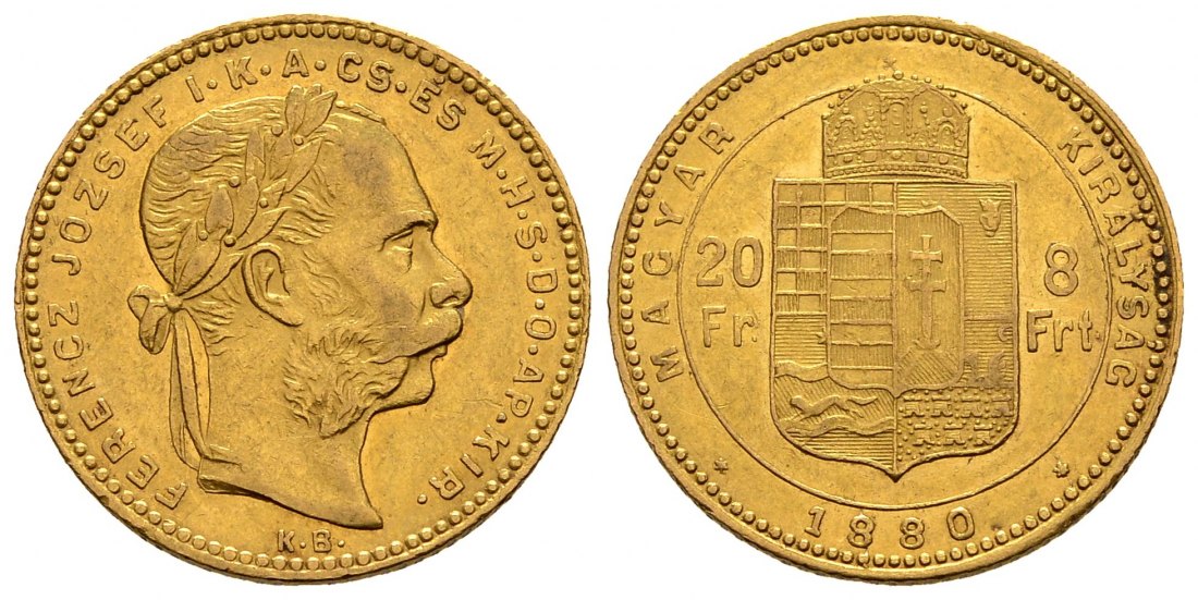 PEUS 1234 Ungarn 5,81 g Feingold. Kremnitz 8 Forint GOLD 1880 KB Sehr schön