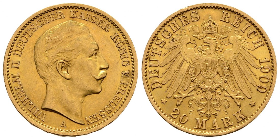 PEUS 1235 Preußen - Kaiserreich 7,17 g Feingold. Wilhelm II. (1888 - 1918) 20 Mark GOLD 1909 A Sehr schön / Vorzüglich