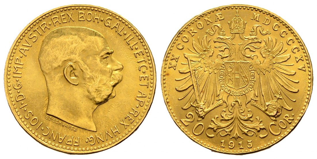 PEUS 1236 Österreich 6,1 g Feingold. Franz Joseph I. (1848 - 1916) 20 Kronen (off.NP) GOLD 1915 Stempelglanz