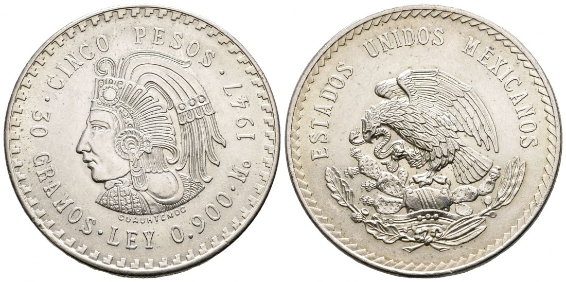 PEUS 1241 Mexiko 27 g Feinsilber. Kopf mit Kofschmuck 5 Pesos SILBER 1947 Fast Stempelglanz