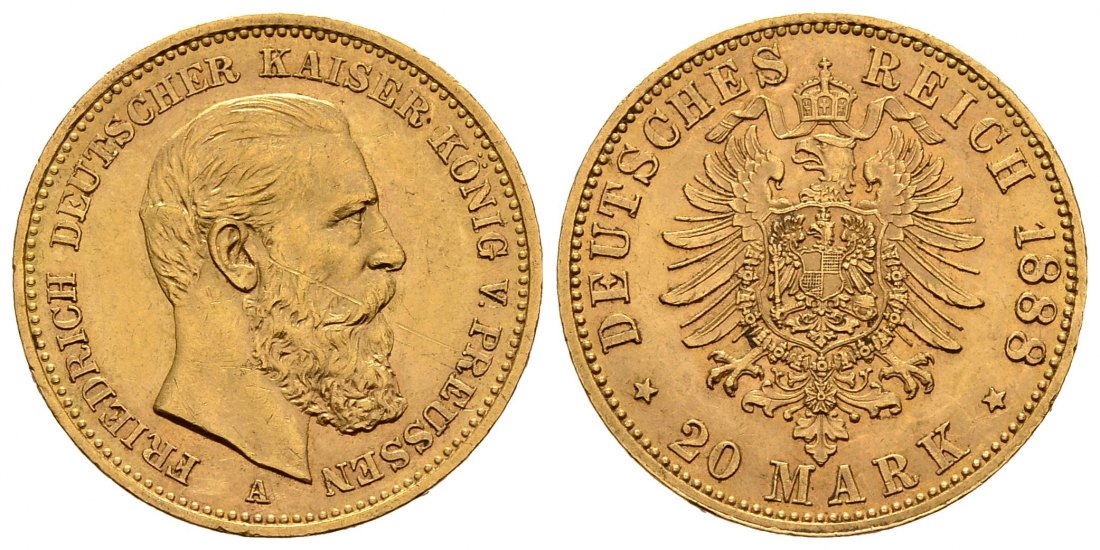 PEUS 1291 Kaiserreich - Preußen 7,16 g Feingold. Friedrich III.(09.03. - 15.06.1888) 20 Mark GOLD 1888 A Kratzer, Sehr Schön / Vorzüglich