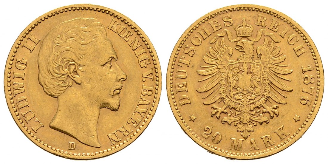 PEUS 1292 Kaiserreich - Bayern 7,16 g Feingold. Ludwig II. (1864 - 1886) 20 Mark GOLD 1876 D München Sehr schön