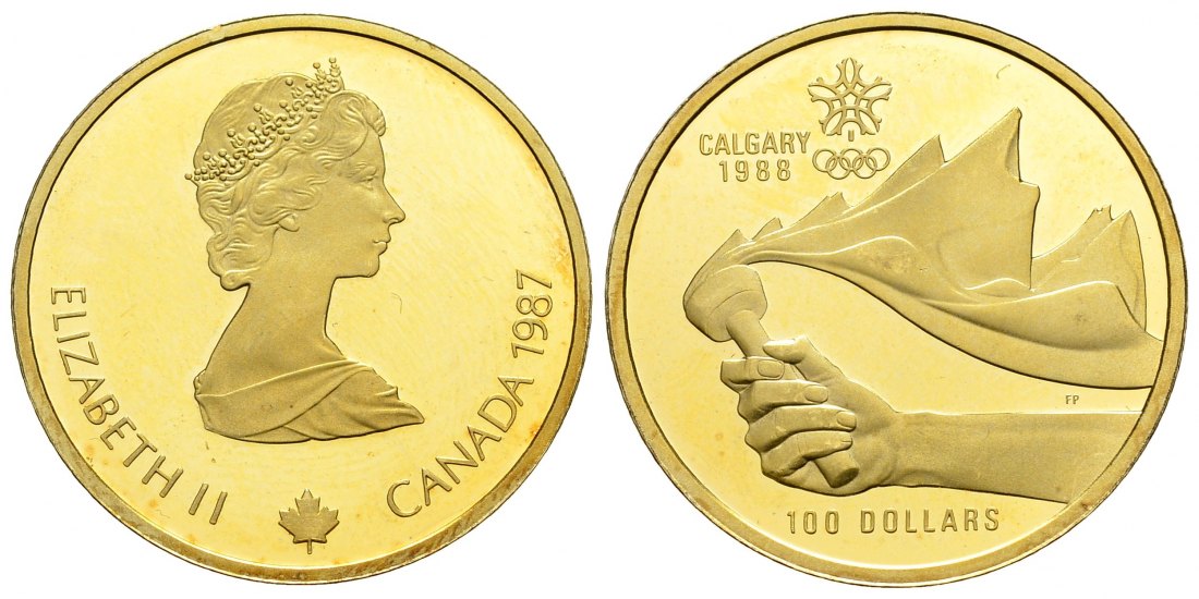 PEUS 1298 Kanada 7,78 g Feingold. Olympiade Calgary - Fackel 100 Dollars / 1/4 Unze GOLD 1987 Impaired Proof / Vorzüglich + aus PP