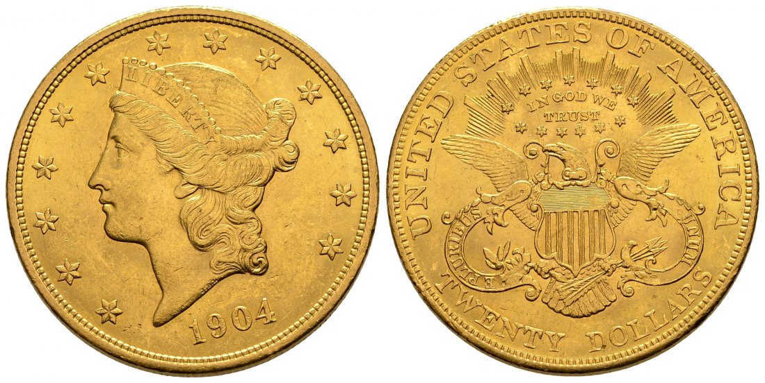 PEUS 1299 USA 30,1 g Feingold. Coronet Head 20 Dollars GOLD 1904 Kl. Kratzer, Vorzüglich