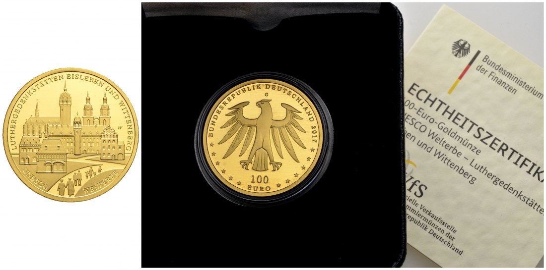 PEUS 1301 BRD 15,55 g Feingold. Wittenberg INCL. Etui + Zertifikat 100 Euro GOLD 2017 G Karlsruhe Stempelglanz (in Kapsel)