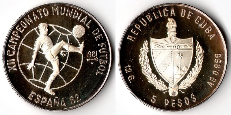  Kuba  5 Pesos  1981  FM-Frankfurt  Soccer Games - Spain 1982 Feingewicht: 12g  Silber   
