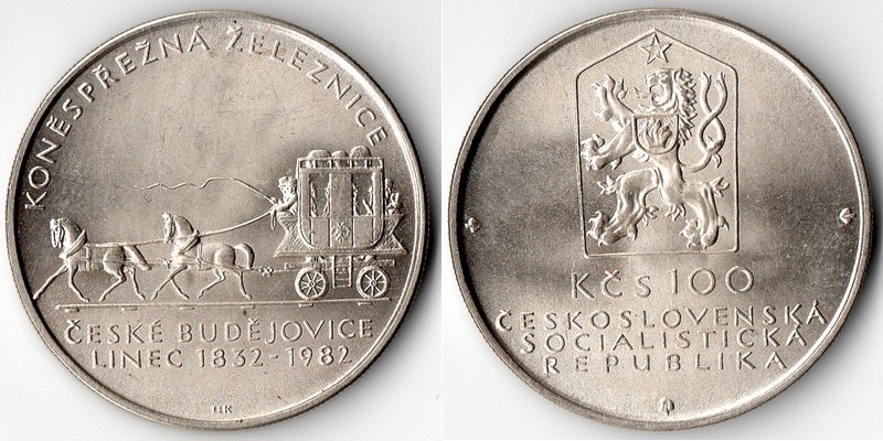 Tschechoslowakei 100 Kronen 1982 150th - Ceske Budejovice Railway FM-Frankfurt  Feinsilber: 4,5g   