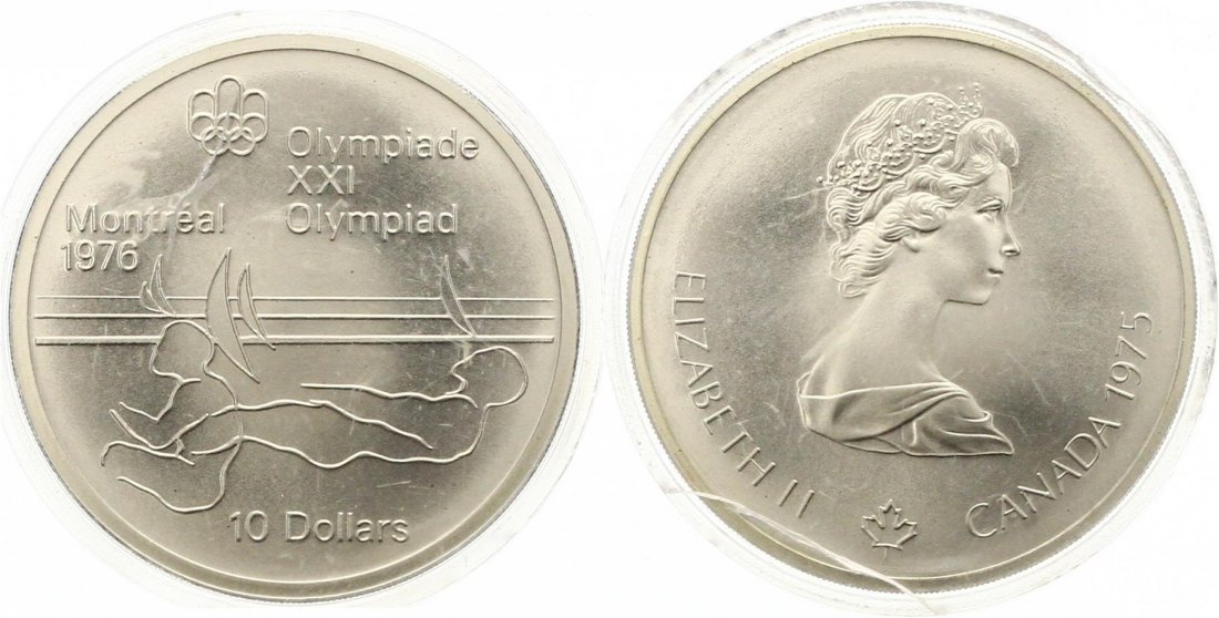  785 Kanada 10 Dollar Olympiade 1975 Silber 44,9 g. Fein Stempelglanz Kapsel Beschädigt   